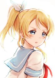 Rule 34 | 10s, 1girl, ayase eli, blonde hair, blue eyes, frown, hair ribbon, lilylion26, long hair, looking at viewer, love live!, love live! school idol project, neckerchief, parted lips, ponytail, ribbon, school uniform, serafuku, short sleeves, simple background, solo, upper body, white background