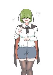 Rule 34 | 1girl, absurdres, black thighhighs, blue shorts, cape, collared shirt, commentary request, hair over eyes, highres, long sleeves, narun adanagi, open mouth, shirt, short hair, shorts, simple background, solo, thighhighs, touhou, white background, white shirt, wriggle nightbug
