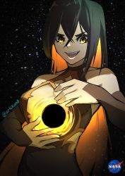 Rule 34 | 1girl, aunty black, bare shoulders, black hair, blackhole-chan, breasts, cleavage, collarbone, commentary, dress, english commentary, hair between eyes, highres, kuno (runkunochan), long hair, looking at viewer, m87 black hole, medium breasts, open mouth, original, personification, smile, yellow eyes