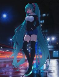 Rule 34 | 1girl, alternate costume, aqua eyes, aqua hair, artist name, backlighting, black footwear, black sweater, blue shorts, blurry, blurry background, boots, bowlp, breasts, blowing bubbles, casual, chewing gum, dated, denim, depth of field, eyebrows hidden by hair, full body, hands in pocket, hatsune miku, headphones, highres, lamppost, large breasts, long hair, long sleeves, looking at viewer, motion blur, neon trim, night, outdoors, parted lips, road, short shorts, shorts, sidewalk, solo, standing, street, sweater, thigh boots, thighhighs, very long hair, vocaloid