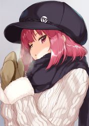 Rule 34 | 1girl, :o, ariaria (netsuki), black hat, black scarf, breath, brown gloves, cabbie hat, commentary request, fur trim, gloves, grey background, hat, highres, long sleeves, looking at viewer, miruto netsuki, mittens, open mouth, original, own hands together, pink eyes, pink hair, ribbed sweater, scarf, short hair, simple background, solo, sweater, upper body, white sweater