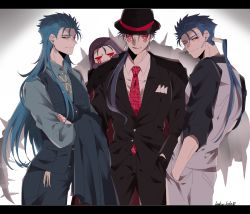Rule 34 | 4boys, blue hair, bodypaint, bowler hat, cu chulainn (caster) (fate), cu chulainn (caster) (formal dress) (fate), cu chulainn (fate), cu chulainn (fate) (all), cu chulainn (fate/stay night), cu chulainn alter (fate), cu chulainn alter (fate/grand order), cu chulainn alter (formal dress) (fate), dark blue hair, earrings, facepaint, fate/grand order, fate (series), formal, hands in pockets, hat, highres, jewelry, lancer, long hair, mini cu-chan (fate), multiple boys, multiple persona, namahamu (hmhm 81), necktie, one eye closed, ponytail, red eyes, suit, tail, vest, waistcoat