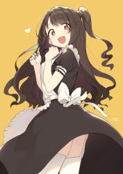 Rule 34 | 1girl, :d, absurdres, alternate costume, apron, black dress, brown eyes, brown hair, cloba, dress, enmaided, from below, highres, idolmaster, idolmaster cinderella girls, long hair, looking at viewer, maid, maid apron, one side up, open mouth, shimamura uzuki, simple background, smile, solo, thigh strap, thighhighs, white thighhighs, yellow background