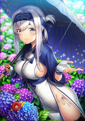 Rule 34 | &gt; &lt;, 1girl, ainu, ainu clothes, bandages, black thighhighs, blue eyes, blue flower, blush, breasts, chain, closed mouth, commentary request, covered navel, cropped jacket, day, dress, enemy lifebuoy (kancolle), flower, folded ponytail, from side, fundoshi, gambier bay (kancolle), hair between eyes, headband, holding, holding umbrella, hydrangea, japanese clothes, kamoi (kancolle), kantai collection, large breasts, leaf, long hair, looking at viewer, oil-paper umbrella, outdoors, panties, pelvic curtain, purple flower, rain, side-tie panties, sideboob, sidelocks, silver hair, sleeveless, sleeveless dress, smile, snail, standing, string panties, t-head admiral, thick eyebrows, thighhighs, umbrella, underwear, unowen, water, white dress, wrist guards