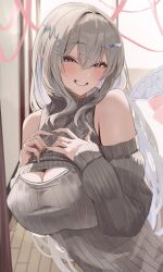 Rule 34 | 1girl, bare shoulders, blue eyes, blush, breasts, cleavage, commentary, detached sleeves, grey hair, grey sweater, hair between eyes, hair intakes, hair ornament, hand on own chest, heart, heart hair ornament, highres, large breasts, long hair, long sleeves, oreazu, original, pointy ears, puffy long sleeves, puffy sleeves, ribbed sweater, sleeveless, sleeveless turtleneck, smile, solo, sweater, symbol-only commentary, turtleneck, upper body, x hair ornament