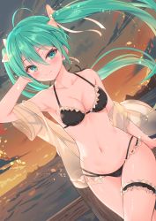 Rule 34 | 1girl, ahoge, aqua eyes, aqua hair, arm up, bare shoulders, bikini, black bikini, blush, bow, breasts, bridal garter, cleavage, closed mouth, collarbone, commentary request, cowboy shot, dutch angle, earrings, floating hair, frilled bikini, frills, gradient sky, hair between eyes, hair bow, halterneck, hand in own hair, hatsune miku, heartsix, highres, jewelry, long hair, looking at viewer, medium breasts, navel, ocean, open clothes, outdoors, railing, see-through, short sleeves, sky, smile, solo, star (symbol), star earrings, stomach, string bikini, swimsuit, twilight, twintails, very long hair, vocaloid, water, wins, yellow bow