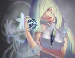Rule 34 | 1girl, artist name, bare arms, beast ball, blonde hair, breasts, chromatic aberration, collarbone, colored eyelashes, creatures (company), dress, game freak, gem, gen 7 pokemon, green eyes, hair over one eye, holding, holding poke ball, jellyfish, legendary pokemon, light particles, lips, long hair, looking at viewer, lusamine (pokemon), medium breasts, nihilego, nintendo, nuei, parted lips, poke ball, pokemon, pokemon (creature), pokemon sm, sleeveless, sleeveless dress, tentacles, text focus, turtleneck, ultra beast, very long hair, white dress