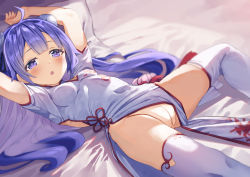 Rule 34 | 1girl, azur lane, blush, breasts, bun cover, china dress, chinese clothes, cleft of venus, come hither, dress, long hair, lying, on back, purple eyes, purple hair, pussy, small breasts, solo, spread legs, thighhighs, unicorn (azur lane), unicorn (the gift of spring) (azur lane), valueless0000, white dress, white thighhighs