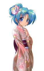 Rule 34 | 1girl, :3, absurdres, alternate costume, alternate hairstyle, aqua hair, blog yousei cocolo, blue eyes, cocolo, flat chest, floral print, flower, flower on head, hair bun, hair flower, hair ornament, hand on own chest, highres, japanese clothes, kimono, komatsu eiji, light smile, looking at viewer, looking back, obi, official art, parted bangs, polka dot, profile, sash, simple background, single hair bun, smile, solo, standing, white background, wide sleeves