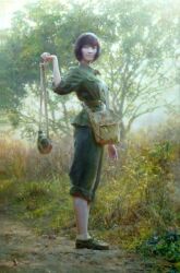 Rule 34 | 1girl, bag, belt, black hair, brown belt, bush, floral background, grass, holding, military, military uniform, non-web source, oil painting (medium), original, painting (medium), pants, pants rolled up, pouch, realistic, short hair, sleeves rolled up, smile, traditional media, tree, uniform, zhang da zhong