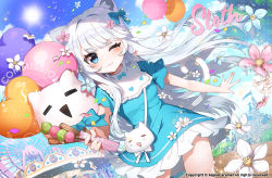 Rule 34 | 1girl, ;3, animal ears, apple caramel, blue dress, blue eyes, blue flower, blue sky, blush, carousel, cat ears, cat girl, cat tail, closed mouth, cloud, cloudy sky, commentary request, day, dress, ferris wheel, flower, frilled dress, frills, grey hair, hair flower, hair ornament, highres, long hair, looking at viewer, one eye closed, original, outdoors, pink flower, short sleeves, sky, solo, sun, tail, very long hair, watermark, white flower