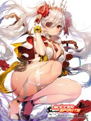 Rule 34 | 1girl, bad id, bad pixiv id, blush, breasts, capelet, choker, cleavage, closed mouth, copyright name, cow demon queen, eyepatch, floating hair, flower, full body, horn ornament, horns, leg ribbon, long hair, looking at viewer, medium breasts, official art, red eyes, red footwear, ribbon, shoes, silver hair, soccer spirits, solo, squatting, sukja, tail, tiara, twintails, wrist cuffs