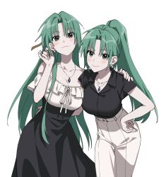Rule 34 | 2girls, black shirt, blush, breasts, cleavage, closed mouth, collarbone, dress, earrings, green eyes, green hair, hand on another&#039;s back, hand on another&#039;s shoulder, high-waist pants, highres, higurashi no naku koro ni, jewelry, large breasts, long hair, looking at viewer, multiple girls, necklace, nonanonnon6u6, pants, parted bangs, ponytail, shirt, short sleeves, siblings, simple background, sisters, smile, sonozaki mion, sonozaki shion, standing, twins, white background, white pants