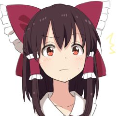 Rule 34 | 1girl, blush, bow, brown eyes, brown hair, cocked eyebrow, collarbone, collared shirt, frilled bow, frilled hair tubes, frills, hair bow, hair tubes, hakurei reimu, leon (mikiri hassha), looking at viewer, portrait, red bow, shirt, simple background, solo, touhou, white background