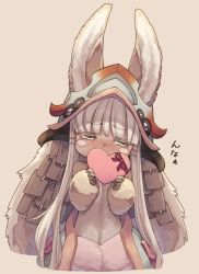 Rule 34 | 1girl, animal ears, averting eyes, blunt bangs, blush, blush stickers, commentary request, cropped legs, embarrassed, furry, furry female, grey hair, highres, made in abyss, mochi (mochi444420), nanachi (made in abyss), rabbit ears, solo, tan background, valentine, whiskers, yellow eyes