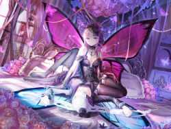 Rule 34 | 2girls, absurdres, breasts, butterfly wings, choker, cleavage, collar, dress, gloves, hatsune miku, highres, insect wings, lolita fashion, long hair, magnet (vocaloid), megurine luka, multiple girls, no bra, pink hair, small breasts, takoluka, thighhighs, very long hair, vocaloid, white hair, wings, x-red flower, yuri