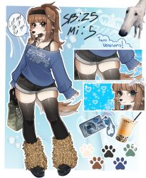 1girl :3 absurdres adoptable animal_ears animal_nose animal_print bag black_footwear black_hairband black_shorts black_thighhighs blue_sweater blunt_bangs borzoi bra bra_peek bra_strap breasts brown_fur brown_hair clothes_writing color_guide commentary dog_ears dog_girl dog_tail english_commentary english_text full_body fur_leg_warmers furry furry_female green_eyes gyaru hairband handbag heart highres leg_warmers leopard_print let_me_do_it_for_you_(meme) long_hair medium_breasts meme multiple_views off-shoulder_sweater off_shoulder original paw_print photo_inset polka_dot ponytail puppyypawss rhinestone shiny_clothes shoes shorts sidelocks sparkle speech_bubble standing sweater tail thighhighs underwear y2k_fashion