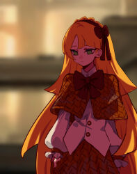 Rule 34 | 1girl, blonde hair, brown capelet, brown hairband, brown ribbon, brown skirt, capelet, closed mouth, commentary request, cowboy shot, er hea, frilled sleeves, frills, green eyes, hair ribbon, hairband, highres, lobotomy corporation, long hair, long sleeves, neck ribbon, project moon, ribbon, shirt, skirt, solo, tiphereth a (project moon), white shirt