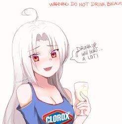 Rule 34 | 1girl, :d, ahoge, arms behind back, artist name, bare shoulders, bleach (chemical), blue dress, blush, breasts, cleavage, clorox, clorox-chan, collarbone, commentary, cup, dress, drinking glass, english text, eyelashes, eyes visible through hair, fang, hand up, highres, holding, holding cup, holding drinking glass, kumaartsu, long hair, looking at viewer, medium breasts, open mouth, original, personification, portrait, red eyes, simple background, smile, solo, speech bubble, upper body, white background, white hair