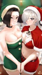 Rule 34 | 2girls, artist logo, bare arms, bare shoulders, belt, bikini, black belt, black choker, black hair, breasts, brown eyes, capelet, choker, cleavage, closed mouth, collarbone, dress, green dress, green headwear, grey hair, hair over one eye, hat, highres, holding hands, indoors, infinote, large breasts, looking at viewer, multiple girls, navel, original, red bikini, red capelet, red headwear, red skirt, santa hat, sashou mihiro, shiny clothes, short hair, skirt, smile, stomach, strapless, strapless dress, swimsuit, yashiki yuuko (infinote)