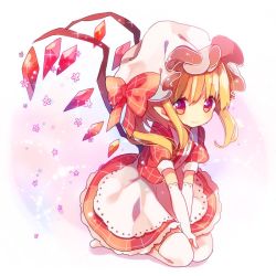 Rule 34 | 1girl, alternate costume, ana (rznuscrf), apron, blonde hair, blush, crystal, dress, elbow gloves, flandre scarlet, flower, full body, gloves, hat, hat ribbon, kneeling, long hair, looking at viewer, mob cap, plaid, plaid dress, pointy ears, puffy sleeves, red dress, red eyes, ribbon, short sleeves, side ponytail, smile, solo, thighhighs, touhou, waist apron, white gloves, white thighhighs, wings