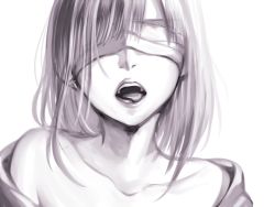 Rule 34 | 1girl, blindfold, collarbone, lma, long hair, monochrome, open mouth, original, portrait, solo, tongue, tongue out, upper body