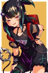 Rule 34 | 1girl, arm warmers, backpack, bag, black dress, black hair, blue hair, blue thighhighs, blush, breasts, bright pupils, chain, commentary request, cowboy shot, demon girl, demon horns, demon tail, dress, eye of providence, fang, grey thighhighs, hand on own hip, highres, horns, lace, lace-trimmed dress, lace trim, leaning forward, long hair, looking at viewer, multicolored hair, nanashi inc., nantyu-a, official alternate costume, one side up, open mouth, orange background, pointy ears, randoseru, red bag, red eyes, shishio chris, shishio chris (3rd costume), single arm warmer, single thighhigh, small breasts, smile, solo, sugar lyric, tail, thighhighs, two-tone background, two-tone hair, uneven eyes, virtual youtuber, white background, white pupils, wristband