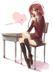 Rule 34 | 1girl, bad id, bad pixiv id, black socks, chair, covering face, covering own mouth, covering privates, crossed legs, desk, full body, heart, hiyo kiki, kneehighs, kushieda minori, loafers, red eyes, red hair, school uniform, shoes, short hair, simple background, sitting, socks, solo, toradora!, valentine, white background, white theme