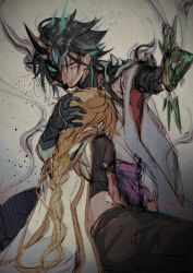 Rule 34 | 2boys, aether (genshin impact), aqua hair, black hair, blonde hair, blood, blood on face, braid, closed mouth, genshin impact, gloves, half mask, hand on another&#039;s head, holding, holding weapon, long hair, maka (morphine), male focus, mask, multicolored hair, multiple boys, polearm, protecting, single braid, spear, spikes, squatting, twitter username, weapon, xiao (genshin impact), yellow eyes
