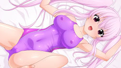 Rule 34 | 1girl, absurdres, barefoot, breasts, cameltoe, cleft of venus, collarbone, commentary request, competition swimsuit, covered erect nipples, covered navel, from above, highres, large breasts, long hair, looking at viewer, lying, one-piece swimsuit, open mouth, original, pink hair, purple eyes, purple one-piece swimsuit, round teeth, solo, sugimura tomokazu, swimsuit, teeth, twintails, upper teeth only, wallpaper