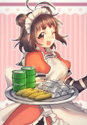 Rule 34 | 10s, 1girl, 2 fuel 4 ammo 11 steel, ammunition, antenna hair, apron, brown eyes, brown hair, double bun, drum, drum (container), gloves, instrument, kantai collection, maid headdress, metal, naka (kancolle), one eye closed, poroi (poro586), short hair, smile, solo, tray