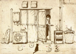Rule 34 | 10s, 1girl, air conditioner, akakage red, bottle, cat, crate, door, food, houshou (kancolle), japanese clothes, kantai collection, monochrome, opening door, industrial pipe, plank, plate, ponytail, solo, trash can, window
