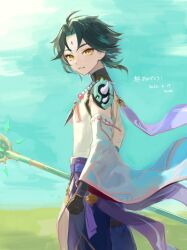 Rule 34 | 1boy, armor, bead necklace, beads, black gloves, blue pants, dated, detached sleeves, facial mark, forehead mark, genshin impact, gloves, gn nanome, green hair, highres, holding, jewelry, looking at viewer, male focus, necklace, outdoors, pants, parted lips, primordial jade winged-spear (genshin impact), short hair, shoulder armor, shoulder spikes, solo, spikes, wide sleeves, wind, xiao (genshin impact), yellow eyes