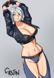 Rule 34 | 1girl, angel (kof), arms up, artist name, blue eyes, curvy, fingerless gloves, gloves, grey hair, legs, midriff, navel, parted lips, short hair, smile, snk, solo, the king of fighters, thighs, toned