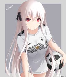 Rule 34 | 1girl, 2018 fifa world cup, ball, black ribbon, breasts, character name, closed mouth, commentary request, cowboy shot, girls&#039; frontline, hair between eyes, hair ribbon, highres, holding, holding ball, kar98k (girls&#039; frontline), keenh, leaning forward, long hair, looking at viewer, medium breasts, no pants, red eyes, ribbon, shirt, signature, smile, soccer, soccer ball, solo, two-tone background, very long hair, white hair, white shirt, world cup