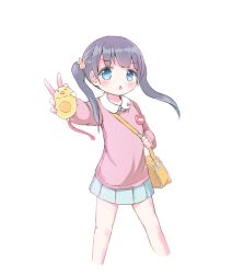 Rule 34 | 1girl, bag, black hair, blue eyes, blue skirt, blush, chestnut mouth, child, collared shirt, commentary request, crime prevention buzzer, cropped legs, hair ornament, holding, kindergarten bag, kindergarten uniform, lolisin, long hair, long sleeves, looking at viewer, original, outstretched arm, parted lips, pink sweater, pleated skirt, rabbit hair ornament, shirt, shoulder bag, simple background, skirt, solo, standing, sweater, twintails, white background, white shirt