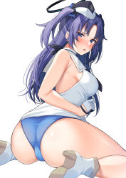 Rule 34 | 1girl, armpit crease, ass, bare arms, bare shoulders, blue archive, blue eyes, blue hair, blue panties, boots, breasts, choker, embarrassed, from behind, frown, gloves, hair ornament, halo, hat, highres, large breasts, looking back, no pants, open mouth, panties, parted bangs, sailor collar, sailor hat, shirt, simple background, sitting, sleeveless, sleeveless shirt, solo, super nagoyaka, thighs, twisted torso, two side up, underwear, virtual youtuber, wariza, white background, white choker, white footwear, white gloves, white hat, white shirt, yuuka (blue archive)