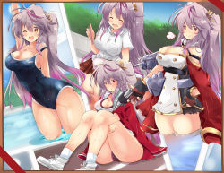 Rule 34 | 1girl, ^ ^, alternate costume, ankle socks, arm behind back, arm up, azur lane, bento, blouse, blue one-piece swimsuit, blush, blush stickers, breast pocket, breasts, buruma, cape, cleavage, closed eyes, collared shirt, commentary request, competition school swimsuit, cowboy shot, day, from side, full body, grenville (azur lane), gun, gym uniform, hair between eyes, hair intakes, halterneck, hand on own hip, handgun, highres, large breasts, legs together, long hair, looking at viewer, multiple views, one-piece swimsuit, one eye closed, orange eyes, outdoors, pocket, pool, purple buruma, purple hair, revolver, school swimsuit, school uniform, shirt, side ponytail, single hair intake, sitting, sky, socks, swimsuit, thighhighs, thighs, tonchinkan, v-shaped eyebrows, very long hair, wading, weapon, wet, white shirt, white thighhighs