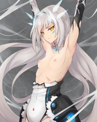 Rule 34 | 1girl, armor, armpits, arms up, bdsm, bondage, bound, breasts, closed mouth, code: battle seraph (elsword), cowboy shot, detached collar, detached sleeves, elsword, eve (elsword), expressionless, facial mark, faulds, floating hair, forehead protector, from side, gem, grey background, hair intakes, highres, lace, leotard, leotard pull, long hair, looking at viewer, low twintails, nipples, puffy nipples, raised eyebrows, revision, ribs, silk, silver hair, small breasts, solo, spider web, strapless, strapless leotard, torn clothes, twintails, very long hair, waero, yellow eyes