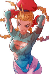 Rule 34 | 1girl, blonde hair, blue eyes, braid, breasts, cammy white, cleavage cutout, clothing cutout, curvy, davecavedraws, hat, highleg, highleg leotard, highres, large breasts, leotard, lips, long hair, long sleeves, scar, scar on face, street fighter, street fighter zero (series), twin braids, wide hips