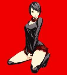 Rule 34 | 1girl, black hair, breasts, brown eyes, choker, dress, full body, kneeling, long sleeves, looking at viewer, miniskirt, nib pen (medium), red background, short dress, short hair, simple background, skirt, sleeves past wrists, solo, sousou (sousouworks), thighhighs, thighs, traditional media