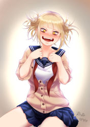 Rule 34 | 10s, 1girl, 2017, :d, absurdres, artist name, blonde hair, blunt bangs, blush, boku no hero academia, cardigan, dated, double bun, fangs, hair bun, half-closed eyes, highres, open mouth, pleated skirt, rara086, school uniform, skirt, sleeves rolled up, smile, solo, teeth, toga himiko, twintails, unbuttoned, untied, yandere trance, yellow eyes