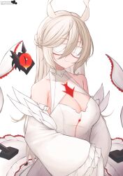 Rule 34 | 1girl, absurdres, azur lane, bare shoulders, blonde hair, braid, breasts, cleavage, closed mouth, commission, covered eyes, detached sleeves, dress, enforcer v regulation (azur lane), frilled dress, frills, highres, lace, lace-trimmed dress, lace trim, long bangs, long hair, medium breasts, parkiranhonda, second-party source, sidelocks, simple background, siren (azur lane), sleeves past fingers, sleeves past wrists, smile, solo, white background, white dress, white hair