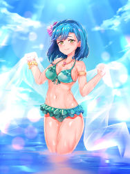 Rule 34 | 1girl, aqua bikini, bikini, blue hair, blue sky, blush, braid, breasts, cloud, cloudy sky, flower, frilled bikini, frills, hair flower, hair ornament, highres, idolmaster, idolmaster million live!, idolmaster million live! theater days, jewelry, lens flare, lens flare abuse, looking at viewer, medium breasts, nanao yuriko, navel, necklace, ocean, partially submerged, shell, shell necklace, short hair, sky, smile, solo, swimsuit, wading, wet, yahankkwo, yellow eyes