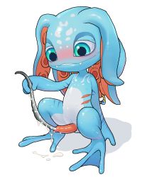 Rule 34 | 1boy, blue eyes, blue hair, blue skin, border, colored skin, cum, cum pool, cum pool, fish boy, fizz (league of legends), full body, league of legends, male focus, medium hair, multicolored skin, penis, smile, solo, sounding, standing, suction cups, tentacle hair, tosx, two-tone skin, urethral insertion, webbed feet, white skin, yordle