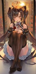 Rule 34 | 1girl, absurdres, black thighhighs, blush, brown hair, feet, finger to mouth, hand on own knee, highres, lily bloomerchen, long hair, looking at viewer, open mouth, see-through, see-through legwear, soulworker, sun, thighhighs, toes, twintails, yellow eyes