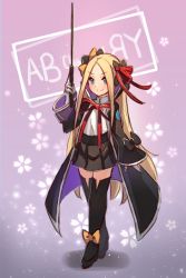 Rule 34 | 1girl, abigail williams (fate), bb (fate), bb (fate) (cosplay), bb (fate/extra), black bow, black coat, black footwear, black jacket, black skirt, black thighhighs, blonde hair, blue eyes, blush, boots, bow, breasts, character name, closed mouth, coat, cosplay, fate/extra, fate/extra ccc, fate/grand order, fate (series), floral background, forehead, full body, gloves, hair bow, hair ribbon, hand up, holding, jacket, leotard, long hair, long sleeves, looking at viewer, miya (miyaruta), multiple hair bows, neck ribbon, open clothes, open coat, open jacket, orange bow, parted bangs, pink background, pleated skirt, red ribbon, ribbon, shirt, skirt, sleeves past wrists, small breasts, smile, solo, sparkle, thigh boots, thighhighs, v-shaped eyebrows, very long hair, white gloves, white leotard, white shirt, wide sleeves
