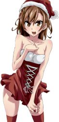Rule 34 | &gt;:), 1girl, bare arms, bare shoulders, breasts, brown eyes, brown hair, christmas, covered erect nipples, dress, feet out of frame, hair between eyes, hair ornament, hairclip, hand on own chest, hand up, hat, light blush, looking at viewer, medium breasts, medium hair, misaka mikoto, open mouth, photoshop (medium), red dress, red hat, red thighhighs, santa costume, santa hat, short dress, simple background, solo, standing, sweatdrop, thighhighs, thighs, toaru kagaku no railgun, toaru majutsu no index, toru k, transparent background, v-shaped eyebrows, zettai ryouiki