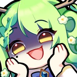 1girl antlers bad_source braid braided_bangs ceres_fauna ceres_fauna_(1st_costume) chibi chibi_only flower green_hair hair_flower hair_ornament hands_on_own_cheeks hands_on_own_face hands_up hololive hololive_english horns long_hair looking_at_viewer lowres maerie mole mole_under_eye official_art shaded_face solo transparent_background virtual_youtuber white_flower yandere yellow_eyes