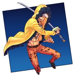 Rule 34 | 1boy, abs, absurdres, black hair, coat, commentary request, denim, facial hair, fighting stance, full body, goatee, highres, holding, holding sword, holding weapon, hood, hood up, hooded coat, jaguar print, jeans, long sideburns, looking at viewer, male focus, navel, one piece, open clothes, open coat, orange pants, pants, short hair, sideburns, solo, sword, toned, toned male, toyoura (23066494), trafalgar law, weapon, yellow coat